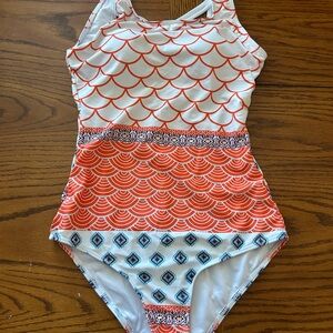 Women's One Piece Swimsuit with Orange and Blue Pattern